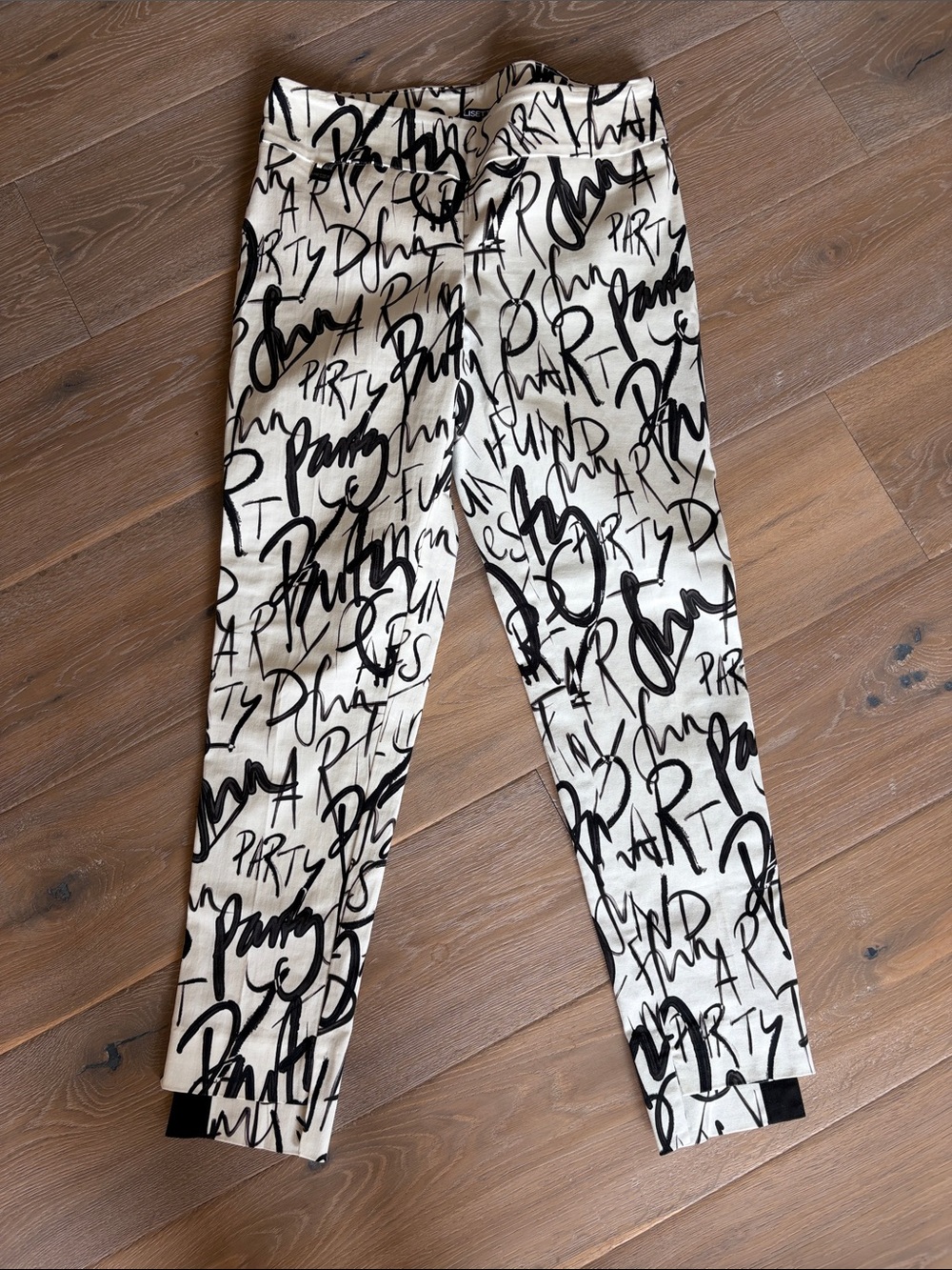 LISETTE Montreal White and Black “Party” Script Print Trousers
